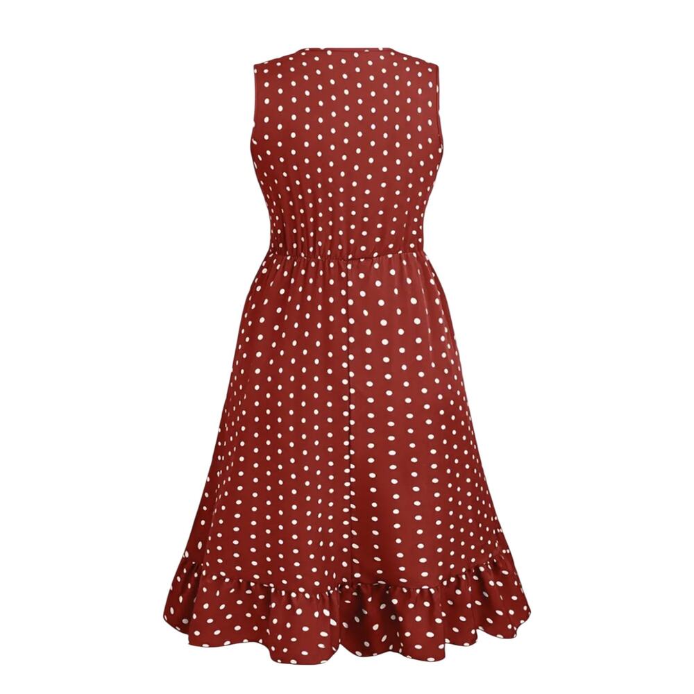 Sleeveless Red Polka Dot Smocked Waist Dress - Picture 2 of 10